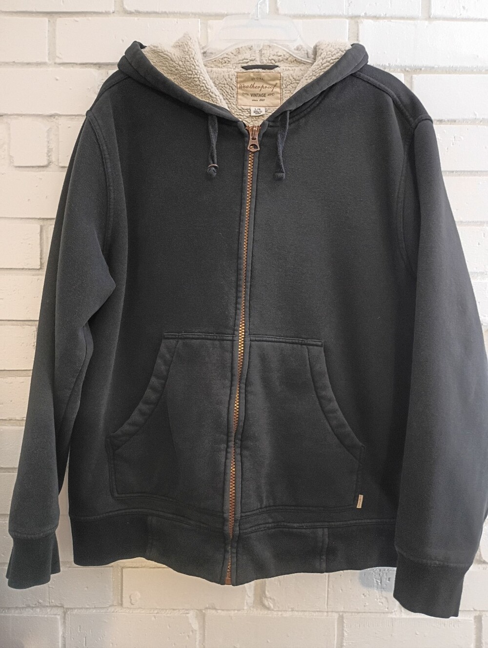 Original Weatherproof Vintage Blk  Zip Front Thick Sherpa-Lined Jacket W/Hood Lg